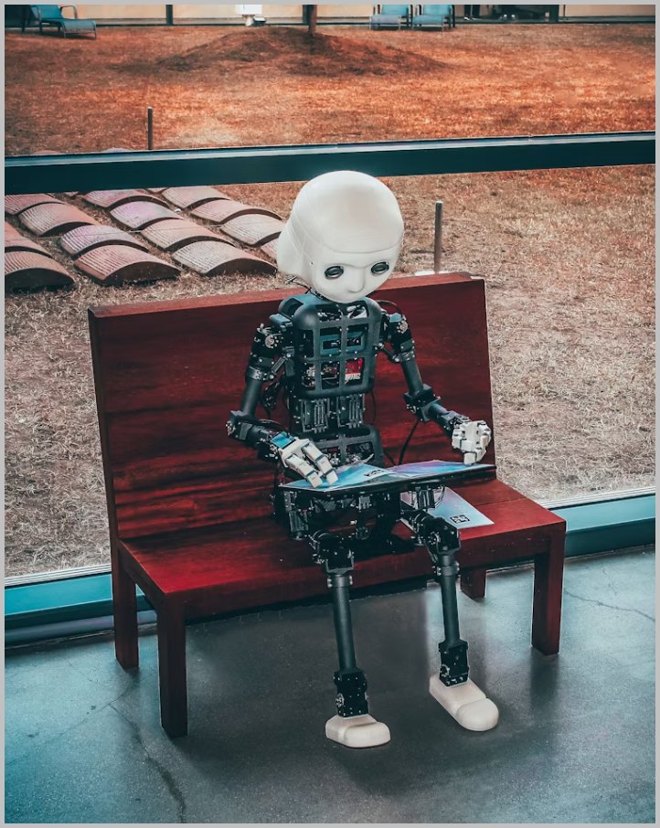 A humanoid robot sitting on a bench reading from a laptop
